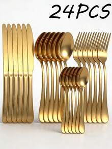 Bộ dao nĩa bằng thép không gỉ 4/16/24 món - Dao, nĩa, thìa, thìa tráng miệng - Bộ dụng cụ nhà bếp hoàn chỉnh - Có thể rửa bằng máy rửa chén, cần thiết cho gia đình, nhà bếp, khách sạn, nhà hàng, quà tặng lễ Phục sinh, Giáng sinh, quà cưới. - Vàng - Xem 12