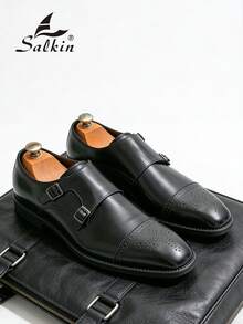 Pantofi eleganți bărbătești cu vârful ascuțit, design vintage Brogue, cu bareta Monk, pantofi eleganti formali pentru gentleman, potriviți pentru persoane de vârstă mijlocie, tineri, studenți, întoarcerea la școală, ceremonii de absolvire, birou, afaceri, petrecere, nuntă, mire, primăvară/vară/toamnă, mărime mare - Negru - Vizualizare 6