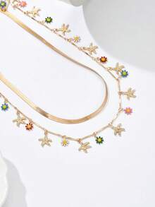 1 pieza Collar con colgante de estrella de mar y concha, de estilo minimalista y elegante, de múltiples capas, para vacaciones - Amarillo Oro - Ver 3