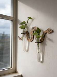 1 pieza Estantería decorativa de pared de madera natural con diseño de flores, decoración de pared botánica minimalista con tubo transparente, forma ondulada de estilo granja moderna con detalles florales grabados, exhibición de plantas de pared montada que ahorra espacio para propagación de esquejes y pequeñas plantas verdes, accento decorativo funcional de pared para sala de estar, dormitorio, baño, entrada, cocina, oficina, apartamento, decoración del hogar - serpiente - Ver 3