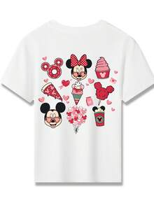 Disney Minnie Mouse And Mickey Mouse With Donuts Pizza Ice Cream Balloons And Cupcake Double-Sided Printed Pattern T-Shirts For Girls - Children's Clothing Design Short-Sleeved Casual And Cute Style Comfortable And Casual Wear All Year Round Suitable For Parties And Play Machine Washable Gift Children's Clothing Girls' Short-Sleeved Shirts - 白色 - 查看 3