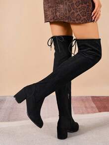Stivali alti  da donna, stivali alti attillati, stivali da equitazione con tacco largo, stivali casual alla moda con ginocchio alto elasticizzato - nero - Visualizzare 4