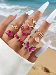 imoli 9入組/套時尚鋅合金水鑽蝴蝶和星形裝飾戒指適合女士適用於日常生活 - 玫紅色 - 查看 3