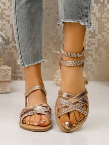 Sandal Kasual Wanita Model Baru Musim Panas Warna Rose Gold, Serbaguna, Minimalis, Ringan, Nyaman, dengan Ujung Bulat dan Terbuka. - Rose Gold - View 3