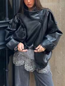 Women's Fashionable Street-Style Black Leather Jacket, New Autumn/Winter Long Sleeve Motorcycle Jacket - Black - View 7