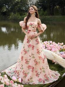 Faeriesty Đầm maxi in hoa thanh lịch, hở vai, tay phồng, lưng hở có dây buộc, nhiều lớp voan, thích hợp cho chụp ảnh cưới, ảnh chân dung lãng mạn bên hồ, các buổi lễ theo chủ đề hoa và tiệc cưới ngoài trời, kỳ nghỉ xuân. - Màu Hồng  San hô - Xem 5