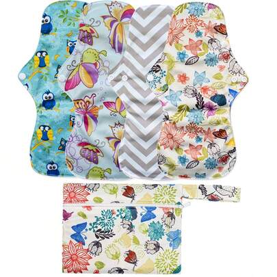 4 Packs Reusable High Flow Menstrual Pads With Wet Bag, Women's Winged Sanitary Pad Set, Washable Overnight Cloth Panty Liners