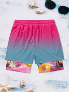 男士渐变印花双层口袋沙滩短裤，度假风 - 彩色 - 查看 5