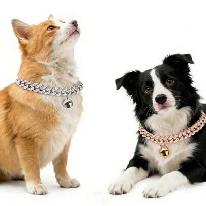2pcs Luxury Pet Collar Necklace, Hip-Hop Rhinestone Cuban Chain With Pendant Bell, Fashionable For Small/Medium/Large Dog & Cats