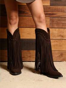 Cowgirl Outfits For Women Country Concert Combat Boots For Women Brown Tassel Decoration Pointed Thick Heels Boots Retro Western Style Festival Shoes Outdoor Comfortable Women's Cowboy Boots Summer Boots - màu nâu - Xem 3