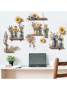 2pcs Sunflower Wall Decor Set, Self-Adhesive Removable PVC Material, Create A Warm And Bright Living Room Wall Accent, Floral Shelves Wall Sticker, Instantly Transform Bedroom Or Hallway Into A Charming Garden, Easy To Apply, Bring A Cozy Ambiance To Any Room - Sunflower - View 3