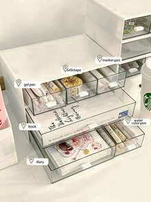 1 pieza Caja de almacenamiento de escritorio de oficina apilable con cajón - Caja de almacenamiento transparente para artículos de papelería, cosméticos y joyas - Estante organizador de suministros de oficina ajustable a prueba de polvo, organizador de escritorio de plástico con cajón para maquillaje, combinable libremente - caja de almacenamiento - Ver 11