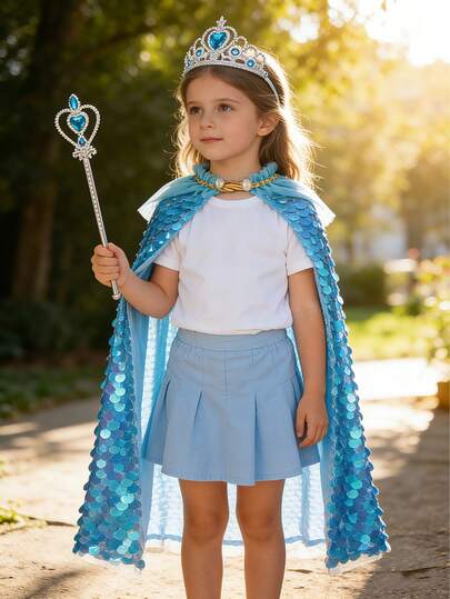 3pcs/Set Girls Shiny Blue Cloak, With Ruffle Trim And Transparent Bead Decor Cape, Suitable For Festivals, Birthday Parties, Costume Accessories
