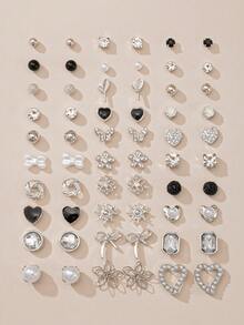 30 Pairs/Set Metal Faux Pearl Earrings, Minimalist Cute Fashion Heart, Teardrop, Butterfly, Rhinestone, Flower, Sun Designs, Versatile Daily Wear Jewelry Gift Set For Women - Silver - View 7