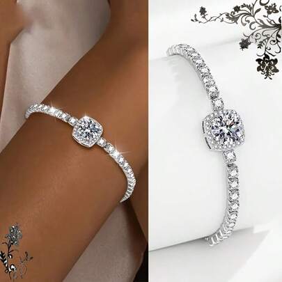 女士时尚网球手链，方形立方氧化锆+闪亮设计+可调节弹力珠，银色 - 情人节/节日/派对礼物，适合婚礼或优雅日常佩戴