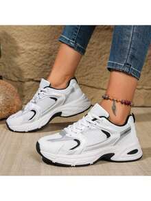 American Retro Contrast Color Running Shoes, Mesh Breathable, Thick Bottom Cushioning, Campus, Street, Daily Wear Template, Running Shoes To Grasp The Relaxation Feeling, 5cm High Casual Shoes - 黑 - 查看 5