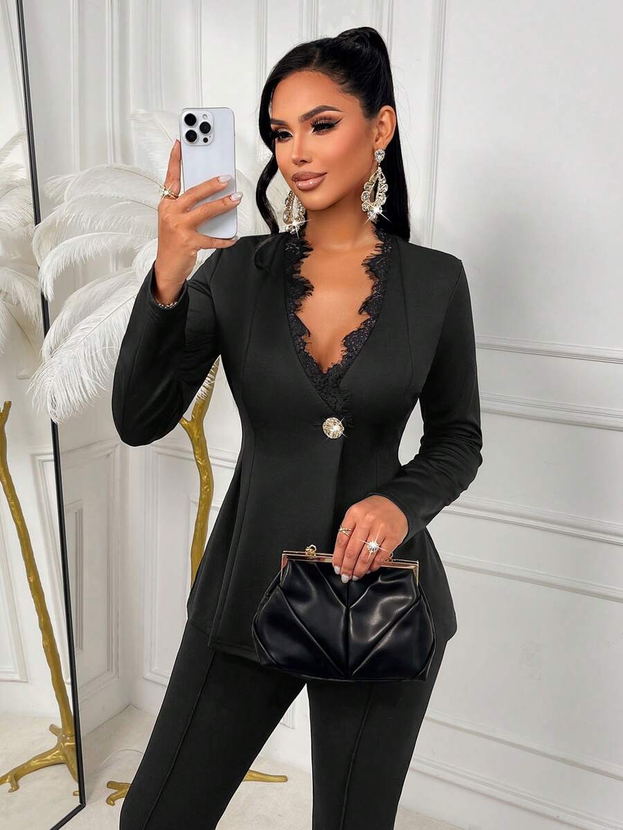 Amarilo Women's Elegant V-Neck Long Sleeve Blazer Jacket, Featuring Lace Trim, Criss-Cross Metal Buttons, And Pleated Slit Hem, Ideal For Commuting Or Gatherings In Spring And Summer - Black - View 1