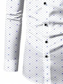 Men's White Geometric Print Shirt, Slim Fit Long Sleeve Single-Breasted Collared White Shirt, Suitable For Spring, Summer, Autumn, Elegant And Fashionable Top For Business And Formal Occasions, Made Of Polyester - Blue and White - View 6
