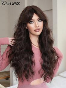 7JHH WIGS Tawny Brown Extra Long Wave Wigs For Women 28 Inch Extra Long Wavy Wig With Side Curtain Bangs, Heat Resistant Fiber Hair Synthetic Curly Wig For Daily & Music Festival Party Wear, Halloween Cosplay Costume Use Fashion Wig Accessories - 咖啡棕 - 查看 5