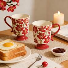 Retro Festive Cotton Flower Pattern Ceramic Mug, High-Quality Red Atmosphere Coffee/Tea Cup, Household & Office Couple Mugs, Great Gift For Holidays - Red - View 10
