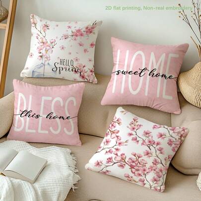 MEMNUN 4pcs Spring Fresh Pink Sakura/Plum Blossom Mason Jar Print Pillow Covers [No Pillow Insert], 17.7*17.7in(45*45cm)/19.69*19.69in(50*50cm)/15.75*15.75in(40*40cm), [Single-Sided Printing] "Home Sweet Home & Bless This Home" Warm Slogan Pink Romantic Floral Throw Pillow Covers, Home Decor, Bedroom Decor, Room Decoration For Sofa, Bed, Living Room, Bedroom, Car, Office, Hotel, Suitable For All Seasons, Perfect Gift For Family And Friends