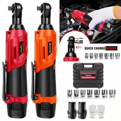 Vandise 3/8" Electric Cordless Ratchet Wrench Set W/2pcs Rechargeable Batteries And Charger, 40Nm Cordless Ratchet Wrench 90° Angle Wrench With LED Work Light, 7 Sockets Set, Red