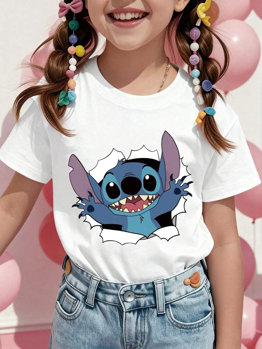 Disney Stitch Character Printed Pattern T-Shirts For Girls - Children's Clothing Design Short-Sleeved Casual And Cute Style Comfortable And Casual Wear All Year Round Suitable For Parties And Play Machine Washable Gift Children's Clothing Girls' Short-Sleeved Shirts - 白色 - 查看 1