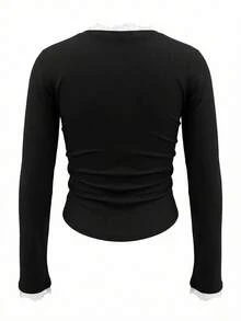 蕾丝拼接长袖V领T恤，优雅性感，百搭内搭 - 黑色 - 查看 7