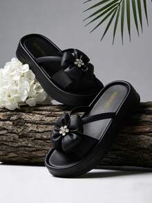 Sandalias de mujer con suela gruesa, decoración de flores de cristal, sandalias de mujer, sandalias con suela de 3 cm de grosor, sandalias de moda de verano, chanclas de playa, sandalias de mujer, sandalias negras, zapatos de verano, sandalias suaves y cómodas, zapatos de vacaciones, zapatos de playa, pantuflas para el hogar, sandalias planas de mujer, sandalias de verano para mujer, pantuflas de dedo abierto, zapatos planos de mujer, zapatos cómodos de mujer - Negro - Ver 3