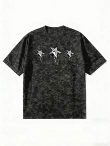 2026夏季新款女式休闲宽松圆领印花Y2K星形图案街头时尚水洗短袖T恤 - 黑色 - 查看 5