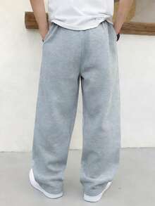 1 pieza Pantalón de chándal de cintura elástica y pierna recta, cómodo y de moda, para niños y adolescentes, con forro cálido, apto para primavera, verano, otoño e invierno - Gris - Ver 4