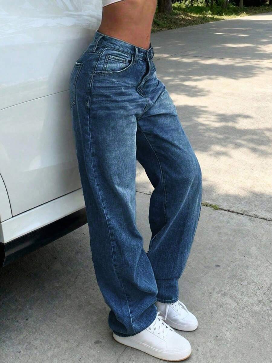 Jeans rectos casuales y holgados de estilo retro para mujer, primavera - Azul lavado oscuro - Ver 1