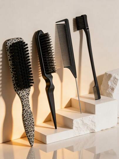 4PCS Men's Oil Hair Beard Brush, Long Handle Beard Brush Cleaning Brush, Oil Comb And Hair Brush, Solid Color, Hair Brush For Straightening Hair Brush, Men's Beard Grooming Styling Comb, Leopard Comb, Leopard Hair Brushir Styling Tools With Hair Tail Tools, Hair Brush/Hair Comb, Back To School, Travel Holiday Essentials, Hair Accessories For Women