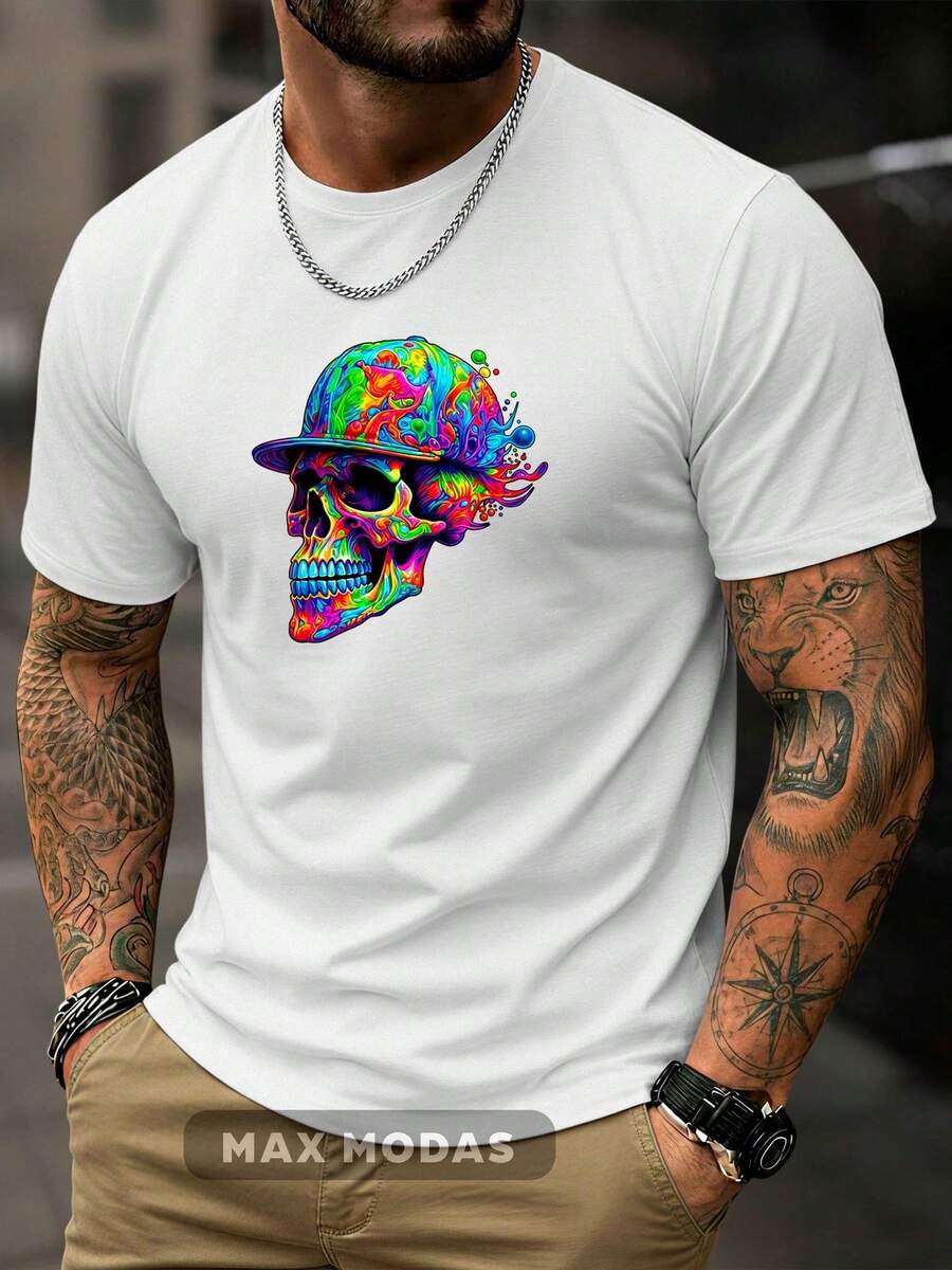 Camiseta Básica Masculina Presente Streetwear Estampada Caveira Colorida Camisa 100% Algodão Confortavel Malha Respirável Academia Casual - Branco - Visão 1