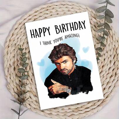 1 chiếc thiệp chúc mừng sinh nhật "George Michael biểu tượng - Chúc mừng sinh nhật! Tôi nghĩ bạn thật tuyệt vời!" - Thiệp chúc mừng vui vẻ - Nền trắng tinh, hình minh họa George Michael theo phong cách Pop Art, chữ in đậm với điểm nhấn trái tim màu xanh nhạt, thiệp kèm phong bì, bên trong để trống để viết lời nhắn cá nhân.