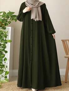 Elegant Arabic Style Solid Color Lantern Sleeve Long Loose Comfortable Abaya Spring - Dark Green - View 1
