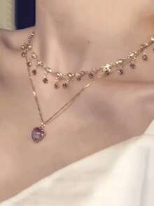 2件套紫色爱心吊坠项链，多层精致颈链，女士款 - 紫色 - 查看 2