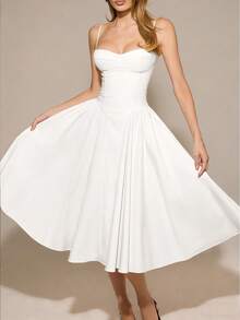 女士纯色性感吊带连衣裙，修身剪裁，凸显身材曲线，适合海滩度假、婚礼、派对、音乐节/演唱会等场合，优雅白色夏季连衣裙 - 白色 - 查看 6