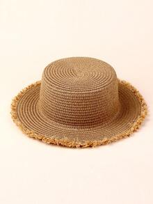 1pc Kids Large Brim Sun Hat, Raffia Decor Children Summer Flat Top Sun Protection Hat For Boys And Girls - 1PC - View 3