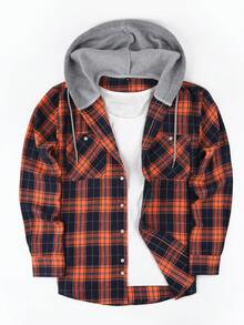 1pc Men's Plaid Button-Up Hooded Long Sleeve Shirt, Regular Fit, Dual Chest Pockets, Casual Outdoor Shacket - Orange - View 2
