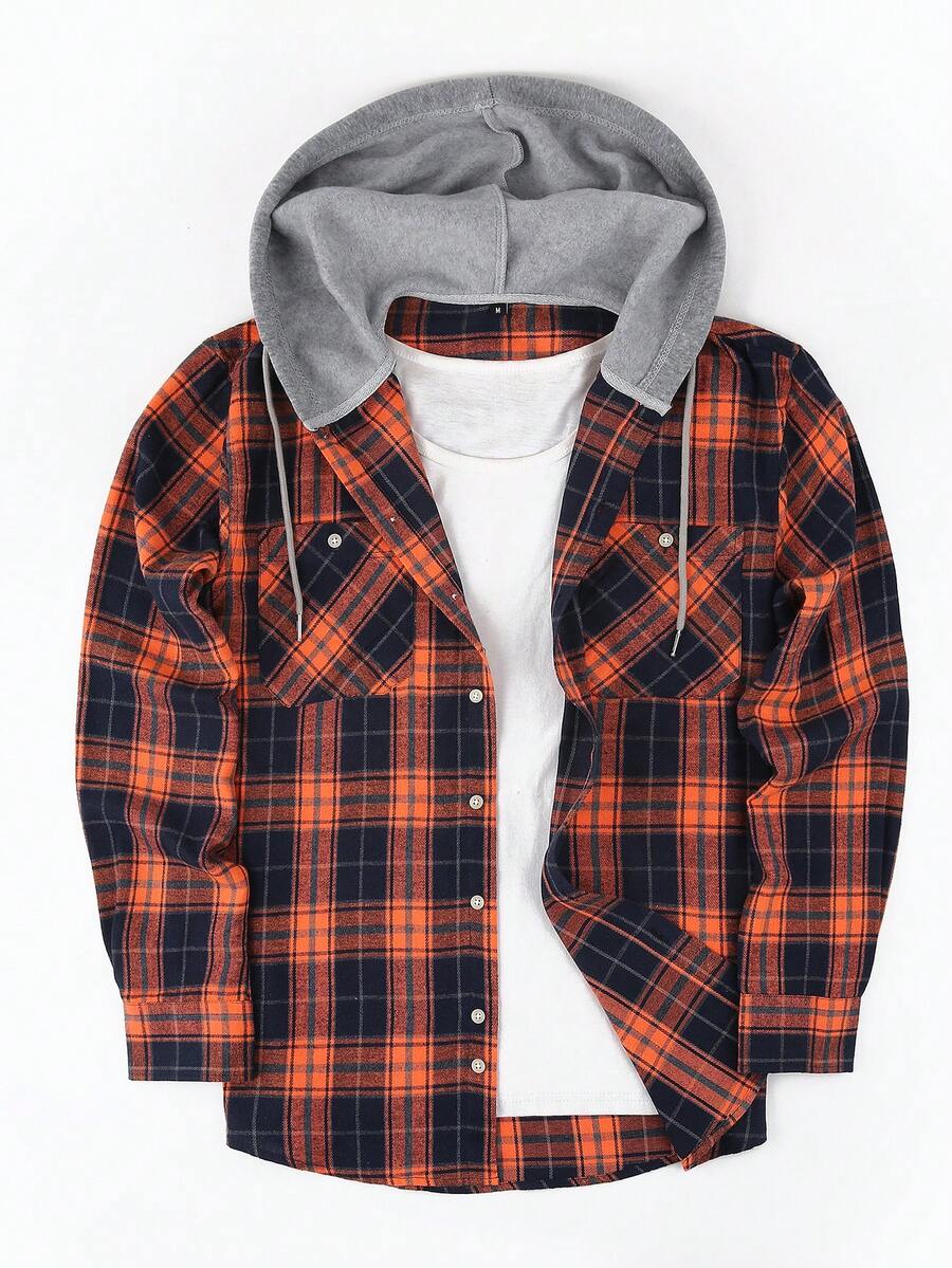 1pc Men's Plaid Button-Up Hooded Long Sleeve Shirt, Regular Fit, Dual Chest Pockets, Casual Outdoor Shacket