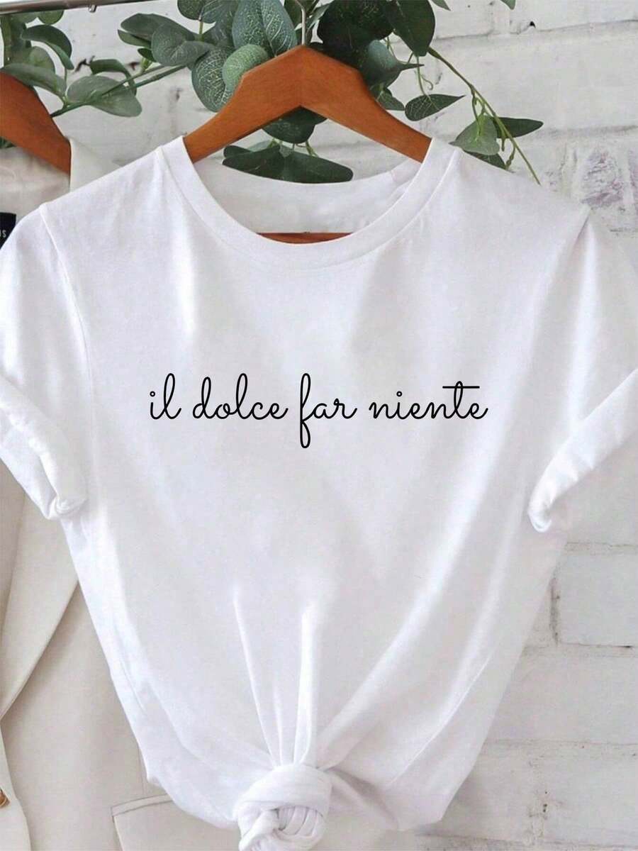 Italian Phrase 'Il Dolce Far Niente' Printed On A Women'S T-Shirt, For Casual Spring And Summer Wear With A Round Neck And Short Sleeves - 白色 - 查看 1