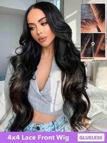 1pc Fashionable Middle Part Long Curly Wig Wear And Go Glueless Wigs Human Hair Pre Plucked Pre Cut Lace No Glue Body Wave Lace Front Wigs Bleached Knots Upgraded Lace Front Wigs For Black Women Human Hair Glueless With Natural Hairline 180% Density 8-22 24 26 28 30 Inch Highlight Body Wave Wigs (Natural Black & #4/30) - Multicolor - View 9