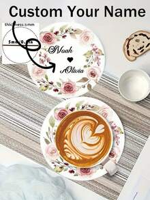 1/2/4/6/10 Pc  Personalized Custom Names: Handmade Round Wooden Coasters, Wedding Coasters | Custom Name Wreath Design, Ideal For Weddings, Table Decorations, Wedding Favors, Gifts, And Valentine's Day Decorations - Beige - View 1