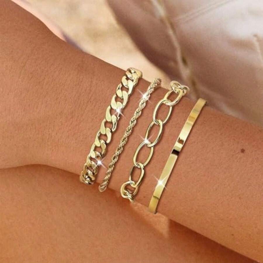 5 pulseras gruesas de oro apiladas brazaletes de oro gruesos para mujer no se deslustra cadena de plata delicada cadena de serpiente en capas paquete de pulseras de eslabones cubanos para mujer - 1 - Ver 1