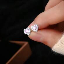 1 Pair 925 Sterling Silver Heart Shaped Earrings, Cute Minimalist Style With Synthetic Cubic Zirconia, Fashionable Multifunctional Daily/Gift Jewelry, Suitable For All Seasons, Cubic Zirconia, 6mm/10mm - Pink Heart-shaped Earrings - View 5