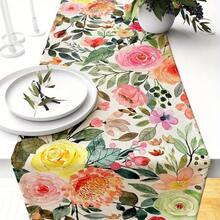 1pc Watercolor Rose Patterned Table Runner, Suitable For Spring/Summer Restaurant And Party Decoration - Multicolor - View 6