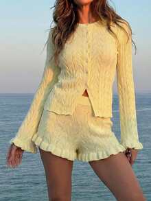 Women's Sexy Knit Breathable Fashion Long Sleeve Cardigan Jacket With Ruffle Hem Design And Fashionable Shorts 2-Piece Set, New Spring/Summer 2026 Collection - Apricot - View 1