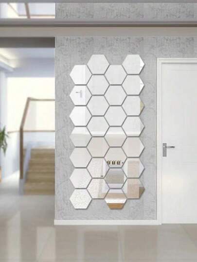 16 件套亚克力镜面墙贴套装，六边形镜面贴纸，DIY 可移除 3D 几何六边形镜面艺术，适用于卧室、客厅、办公室、厨房家居装饰墙贴（银色），家居装饰，房间装饰墙贴，装饰亚克力贴纸。