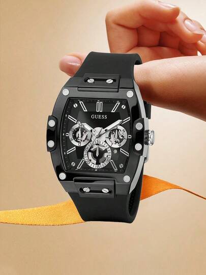 Guess Reloj de pulsera deportivo para hombres con cronógrafo retro, caja cuadrada, cuarzo, correa de silicona negra